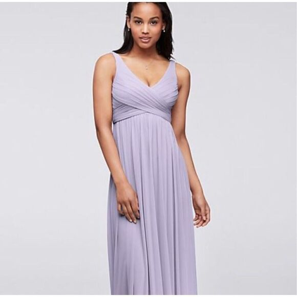 David’s Bridal Iris Long Mesh Dress with Cowl Back Detail Lavender Purple Maxi 4 - Picture 3 of 13